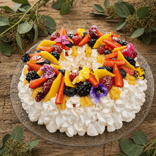 pavlova de frutos rojos y mango