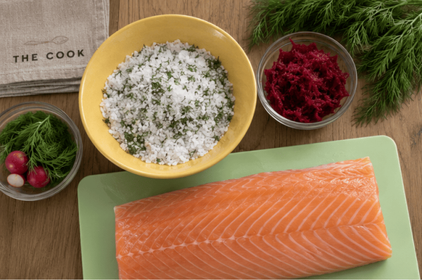 Mezcla de sal, azúcar, eneldo y remolacha para marinar salmón